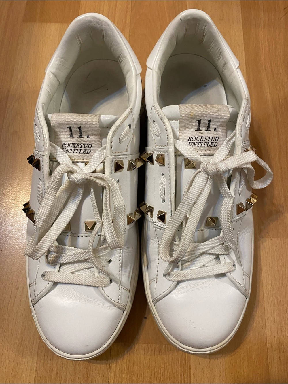 Valentino White Rockstud Leather Sneakers with Gold Studs